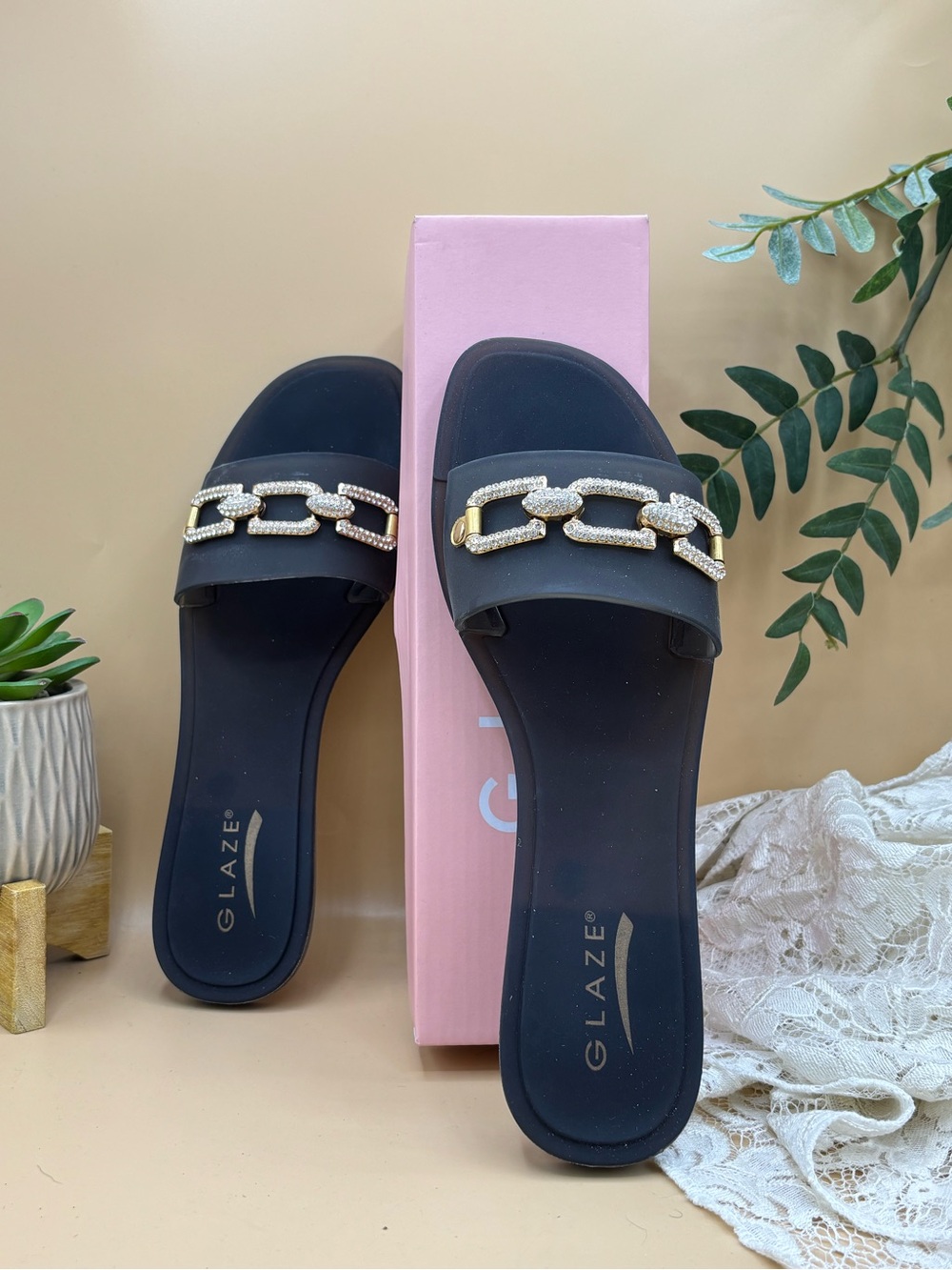 Glaze Black Slide Mules with Gold Rhinestone Chain